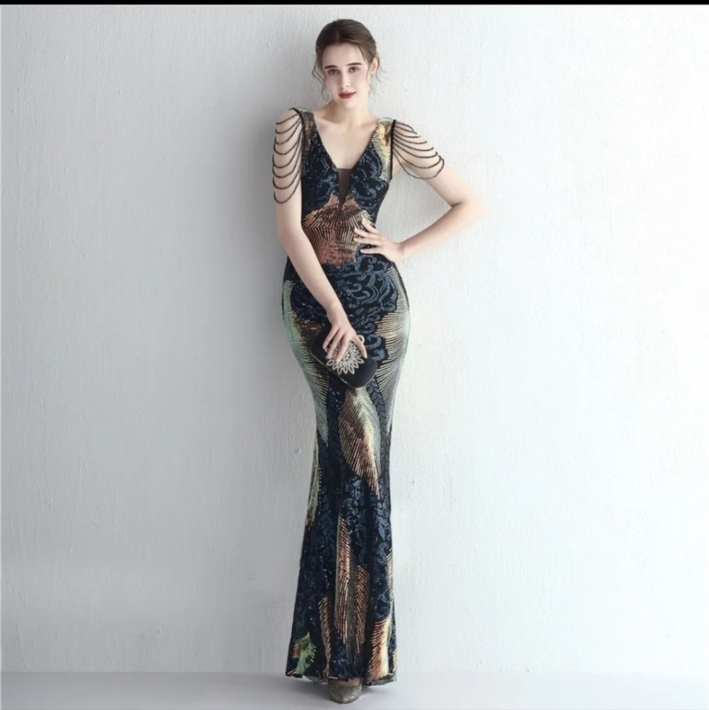 Navy, Floral, Beaded,  Round Back,  Sleeveless,  Sequined Gown